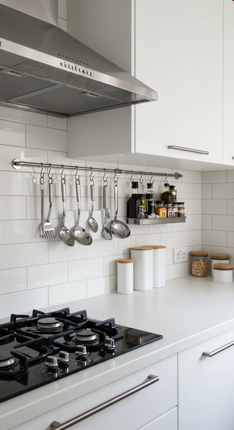 Witte keuken met een RVS stang boven het fornuis waaraan keukengerei hangt.
