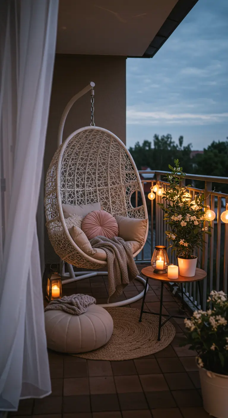 Witte rotan hangstoel met zachte kussens en plaid op een balkon met sfeerverlichting en kaarsen.