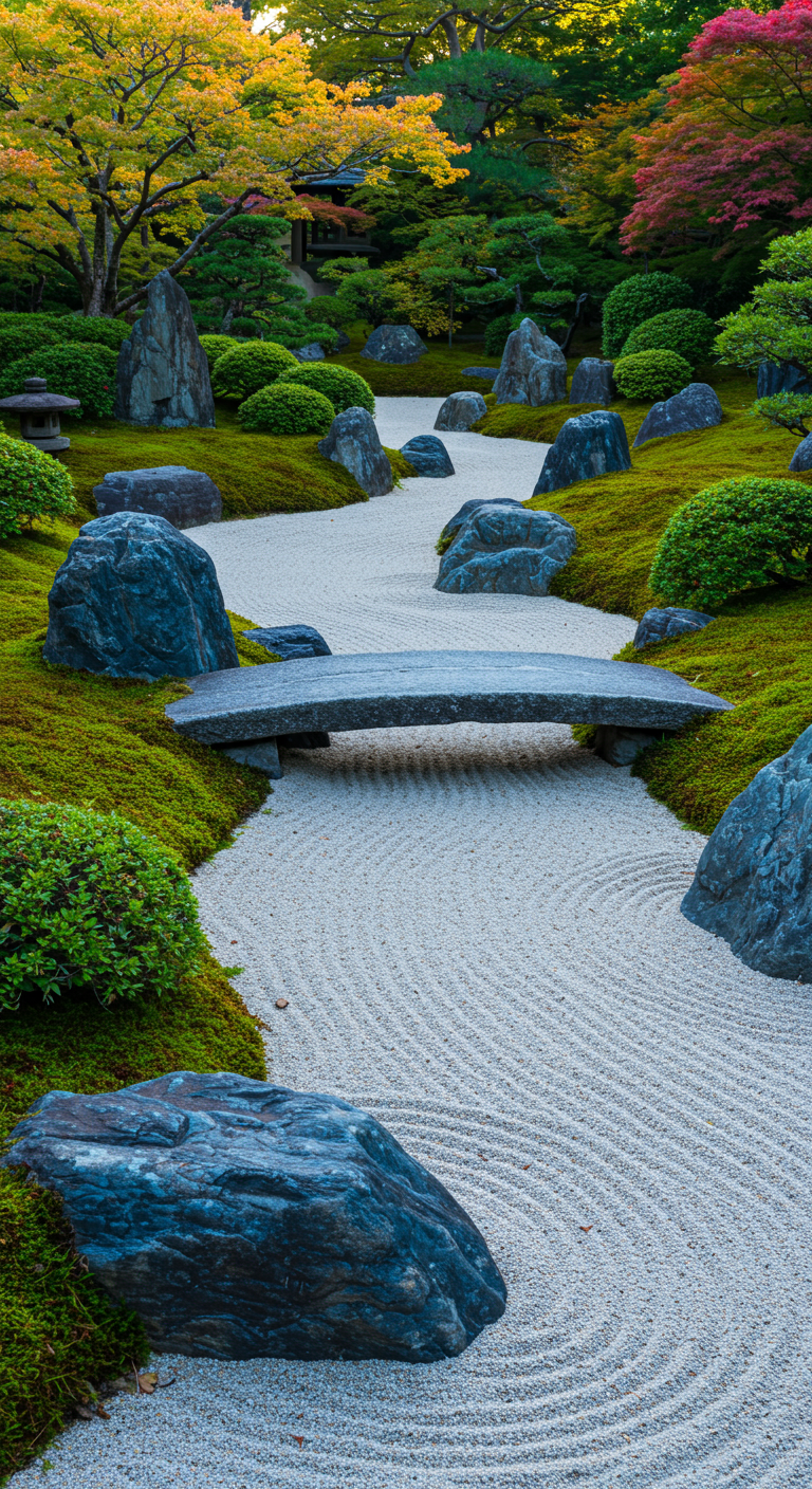 Japanse zentuin met geharkt grind, grote rotsen, mos en een stenen bruggetje.
