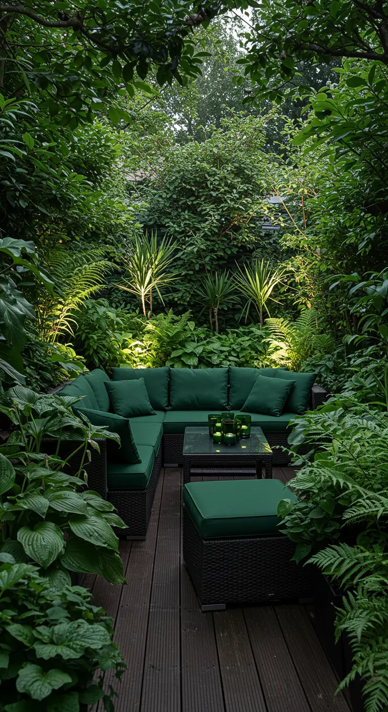 Weelderige, groene schaduwtuin met een donkergroene loungeset omringd door diverse Hosta's en varens.