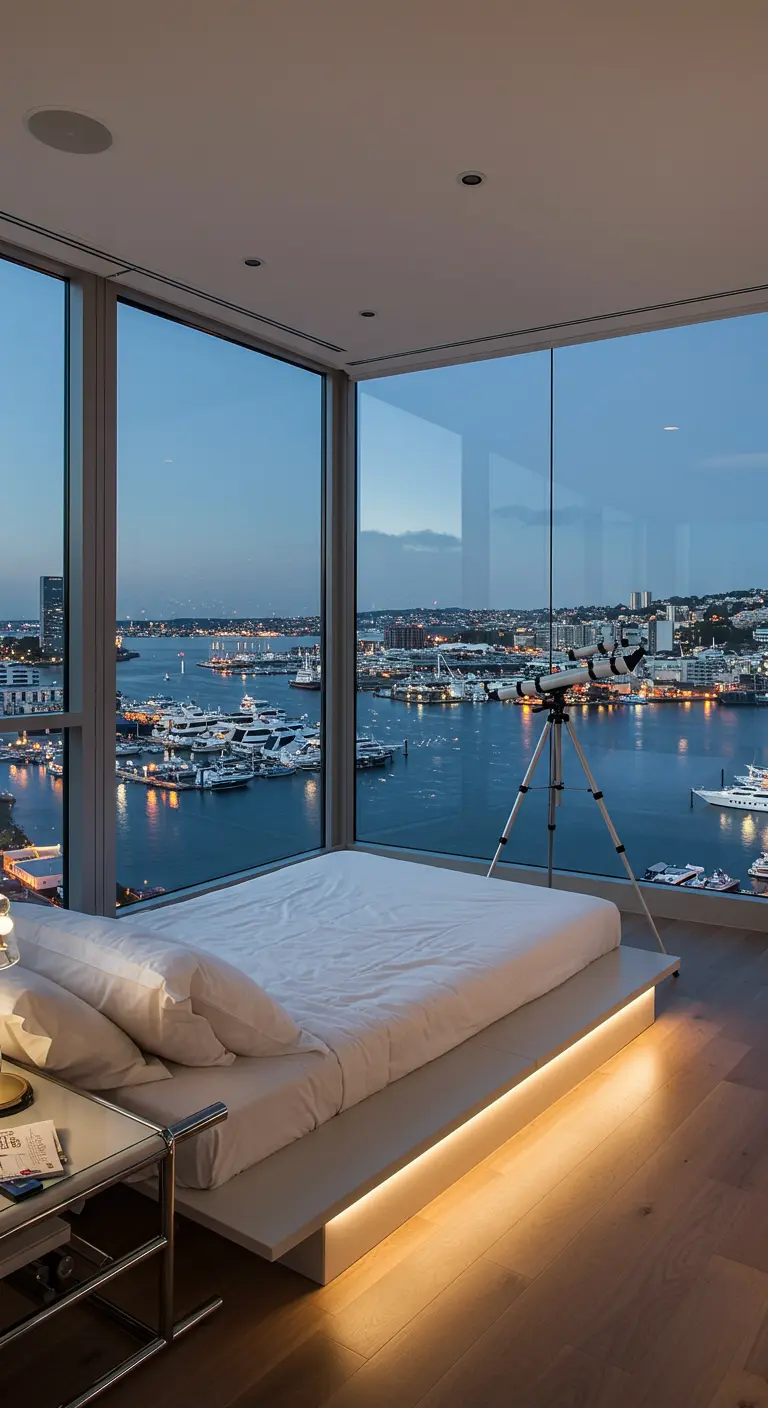 Moderne slaapkamer met uitzicht op een verlichte haven 's nachts.