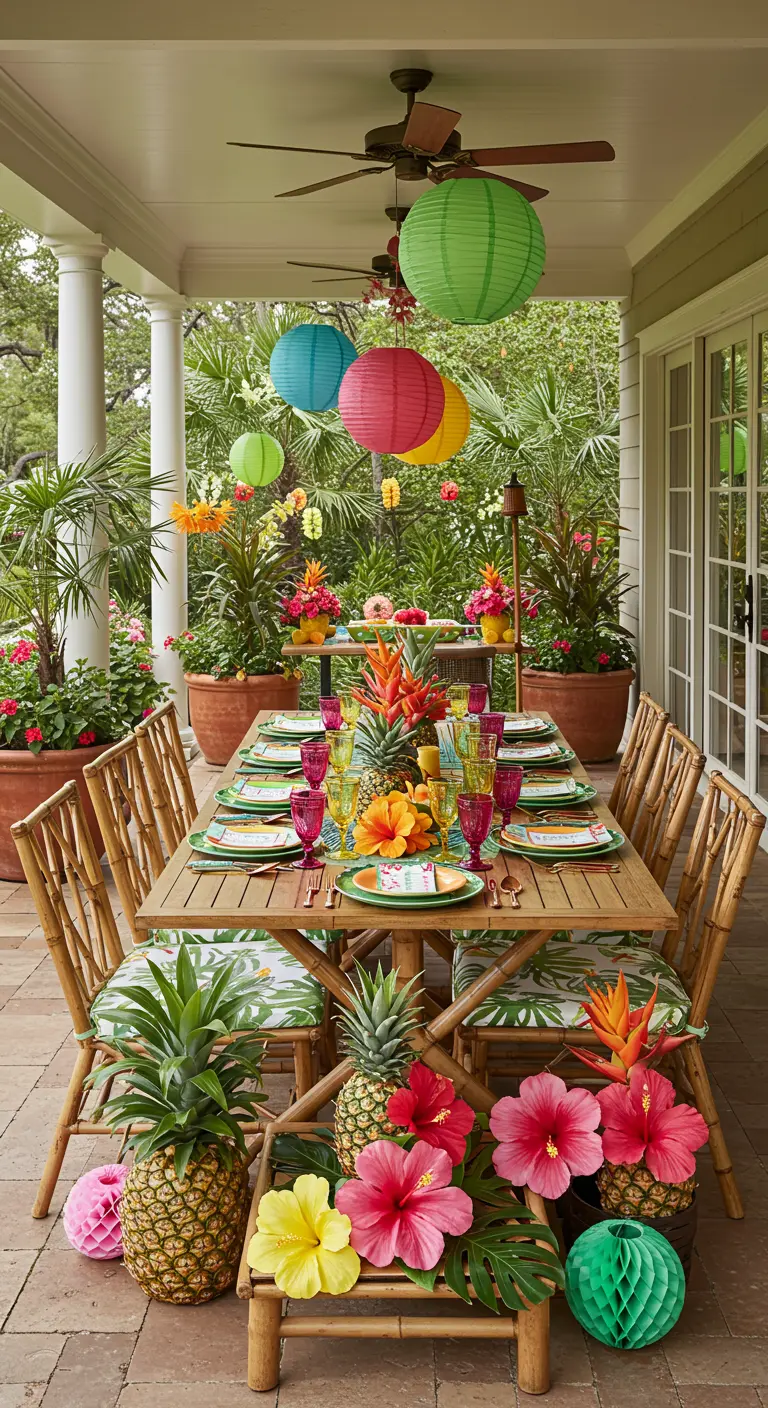 Veranda feesttafel met tropische bloemen, ananassen en kleurrijke lampionnen.