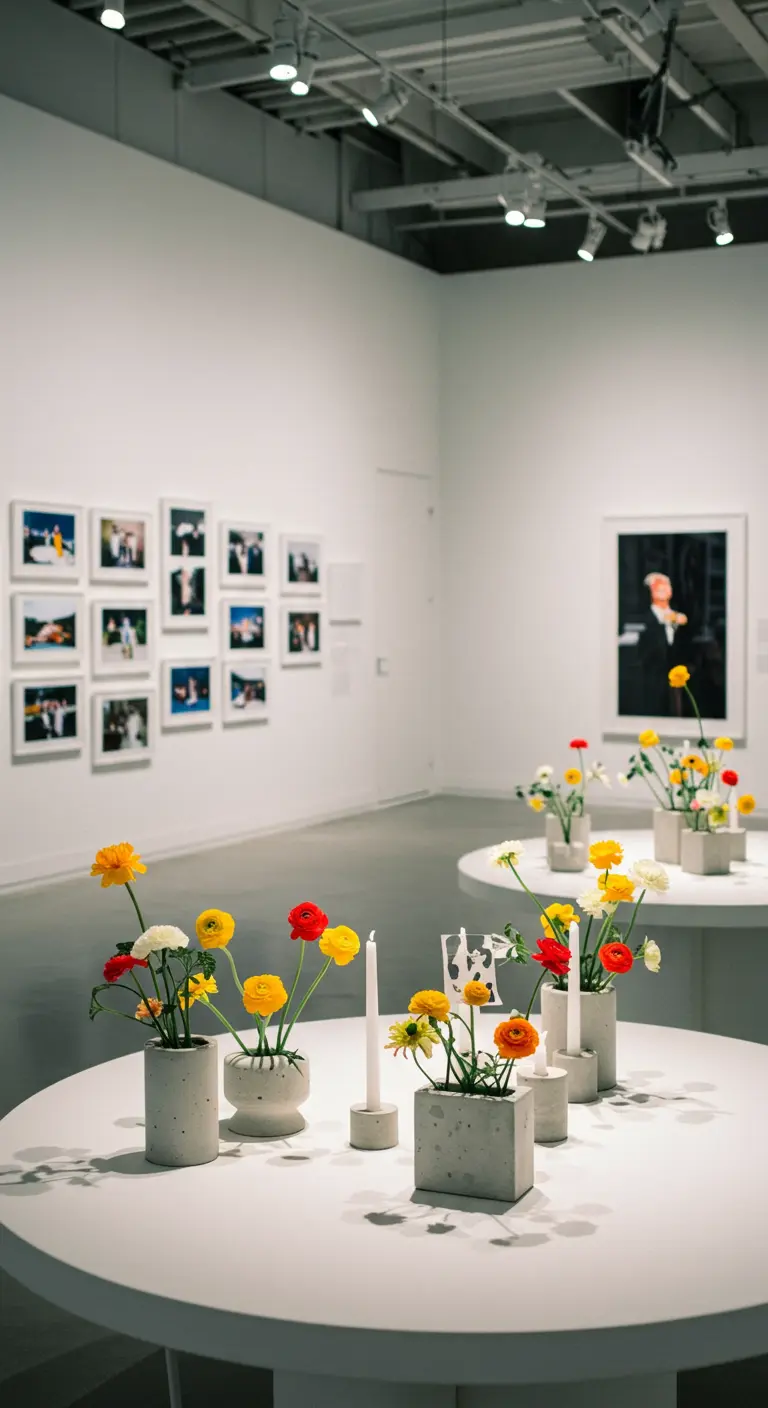 Moderne galerij trouwdecoratie met witte tafels, betonnen vazen en felle bloemen.