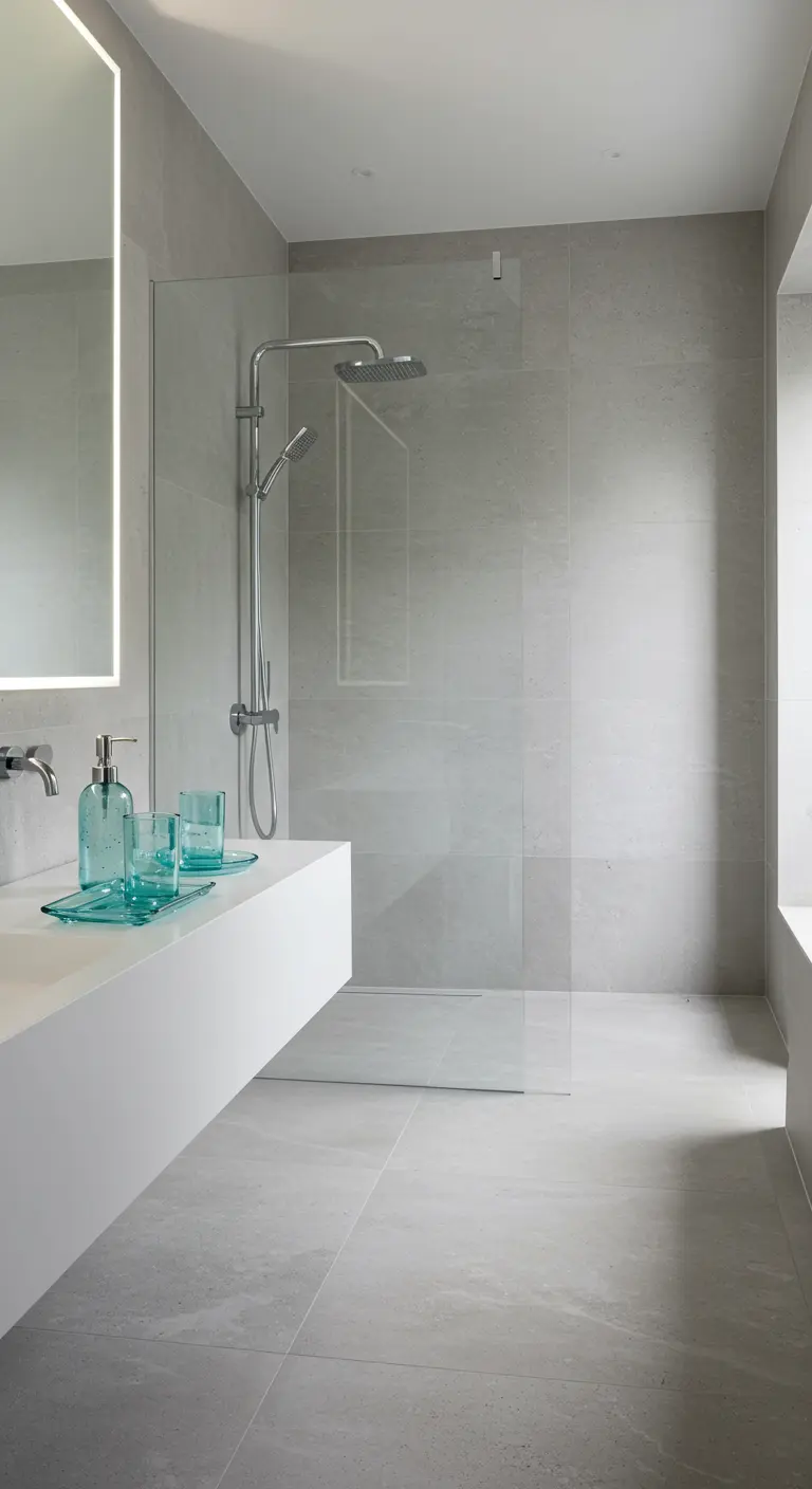 Witte minimalistische wastafel met turquoise glazen zeepdispenser en bekers.