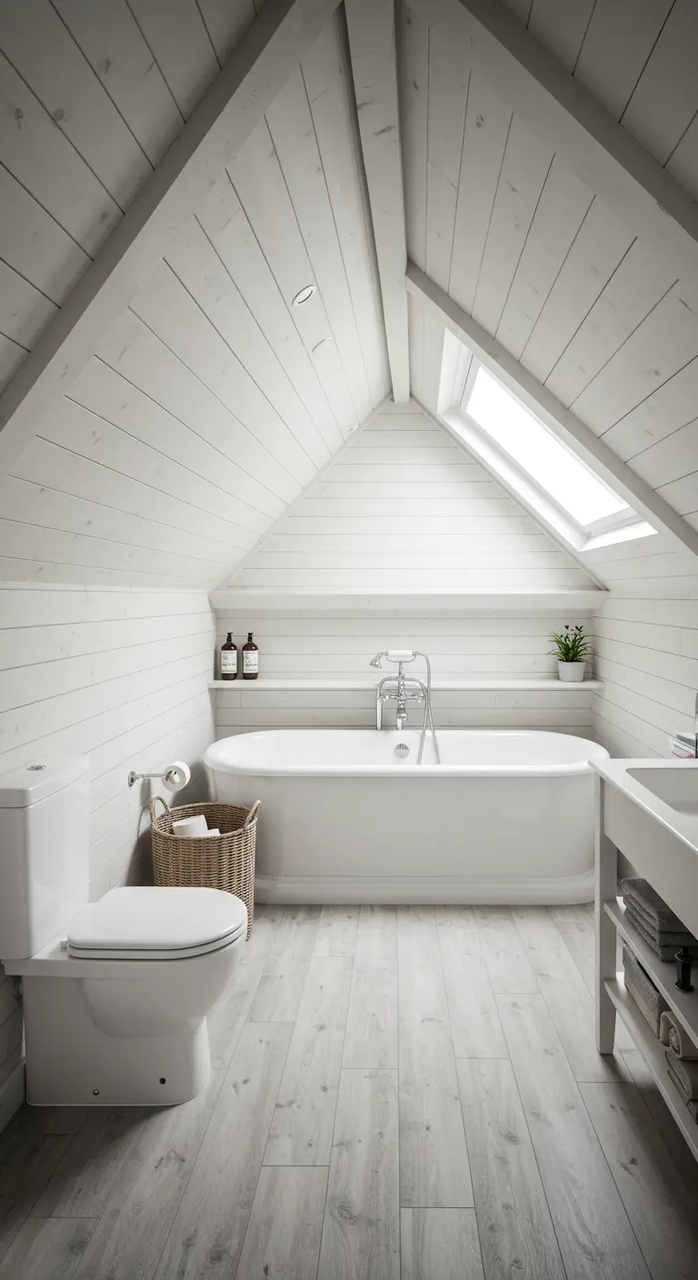 Witte zolderbadkamer met vrijstaand bad onder een dakraam en lichte houten vloer.