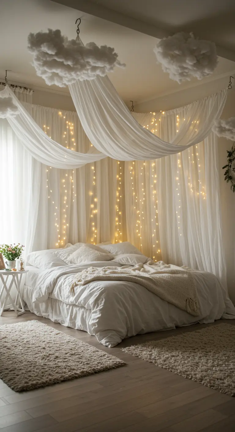 Dromerige slaapkamer met witte doeken en lichtjes gedrapeerd achter het bed.