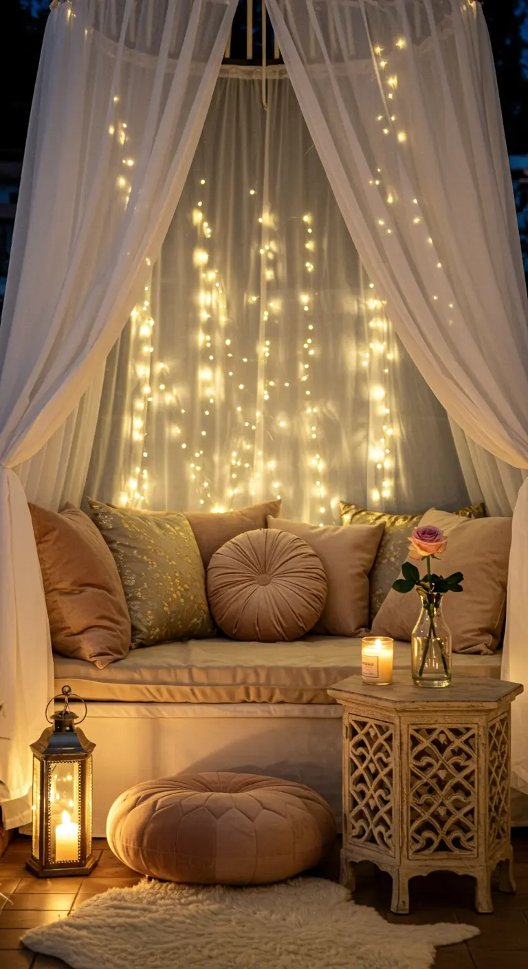 Loungeplek met witte baldakijn, lichtjes, zachte kussens en lantaarn.