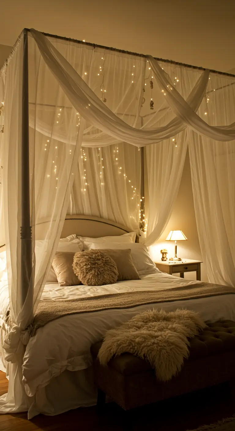 Hemelbed gedrapeerd met witte voile en lichtslingers, zacht beddengoed en fluffy kussen.