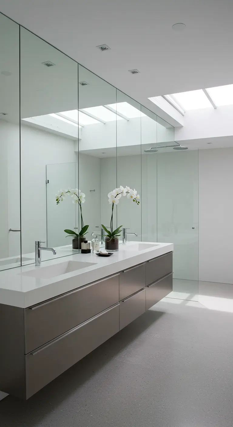 Lichte badkamer met dakramen en een grote spiegel die het licht reflecteert.