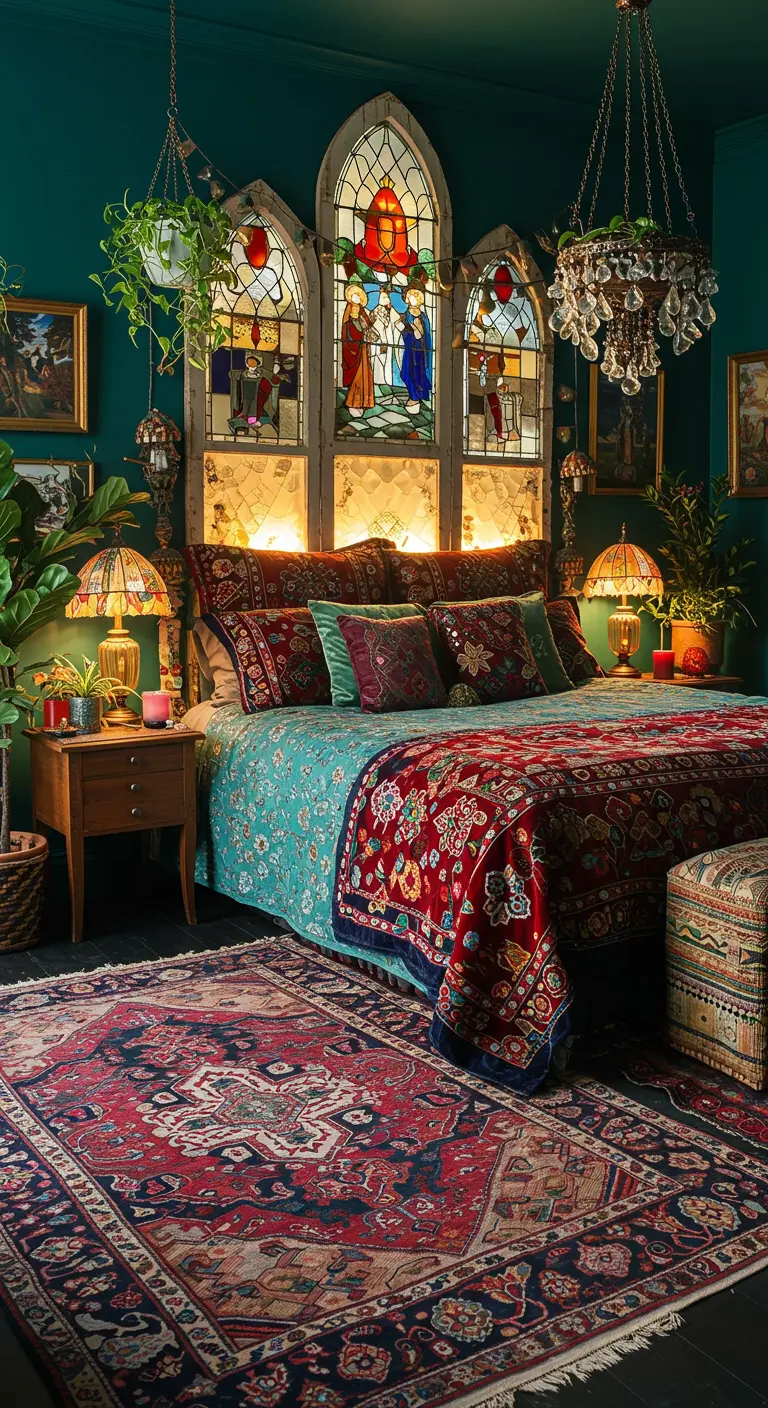 Bohemian slaapkamer met een verlicht glas-in-lood raam als hoofdbord.