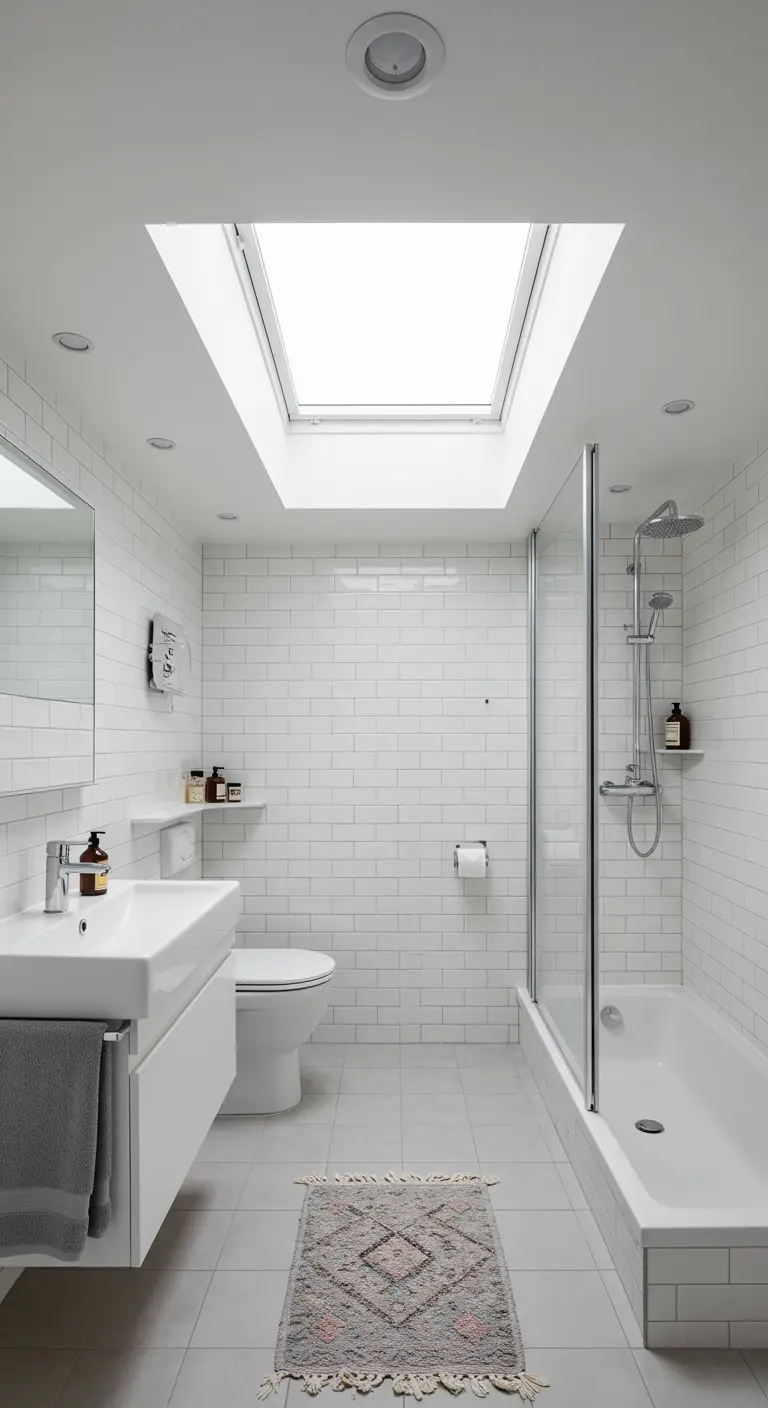 Witte badkamer met dakraam boven de douchecabine voor natuurlijk licht.