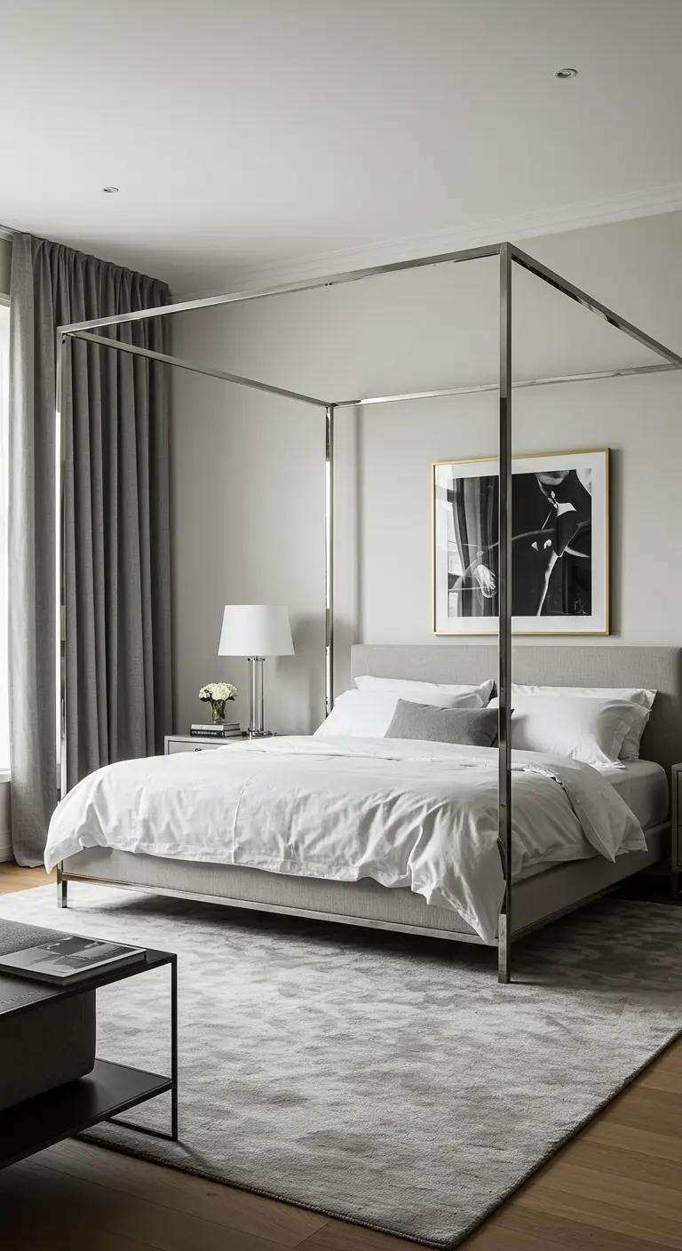 Modern minimalistisch hemelbed met een slank metalen frame in een lichte slaapkamer.