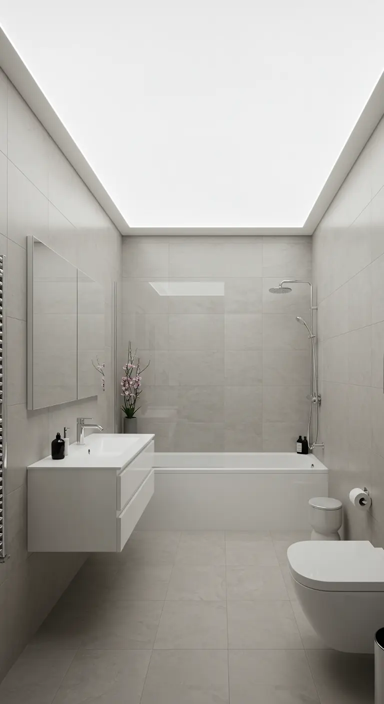 Badkamer met een volledig lichtgevend plafondpaneel.