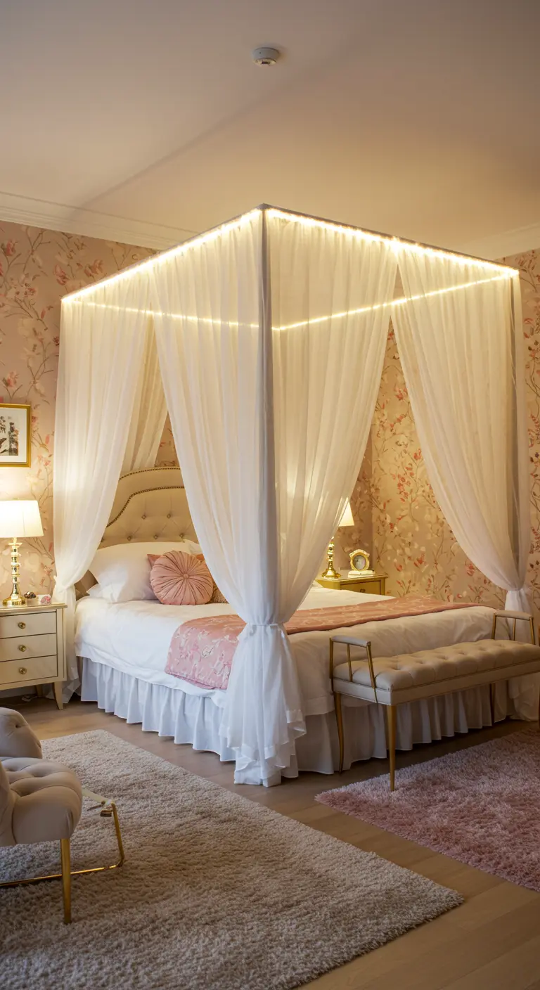 Hemelbed met witte gordijnen en een lichtsnoer erin verwerkt.