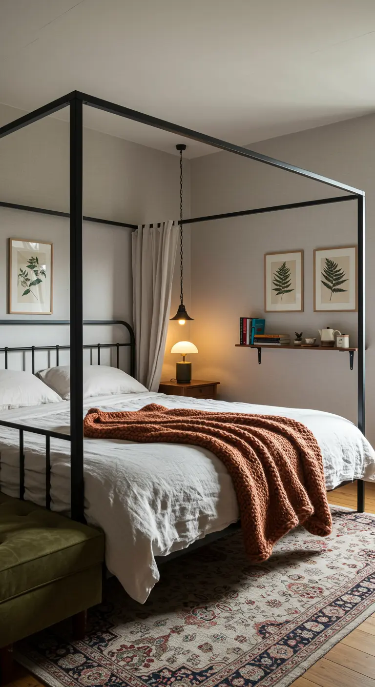 Slaapkamer met minimalistisch zwart hemelbed, wit linnen en terracotta plaid.