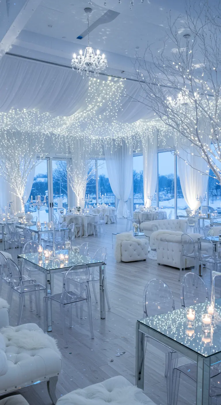 Feestzaal met wit thema, veel kerstlichtjes aan plafond, transparante stoelen.