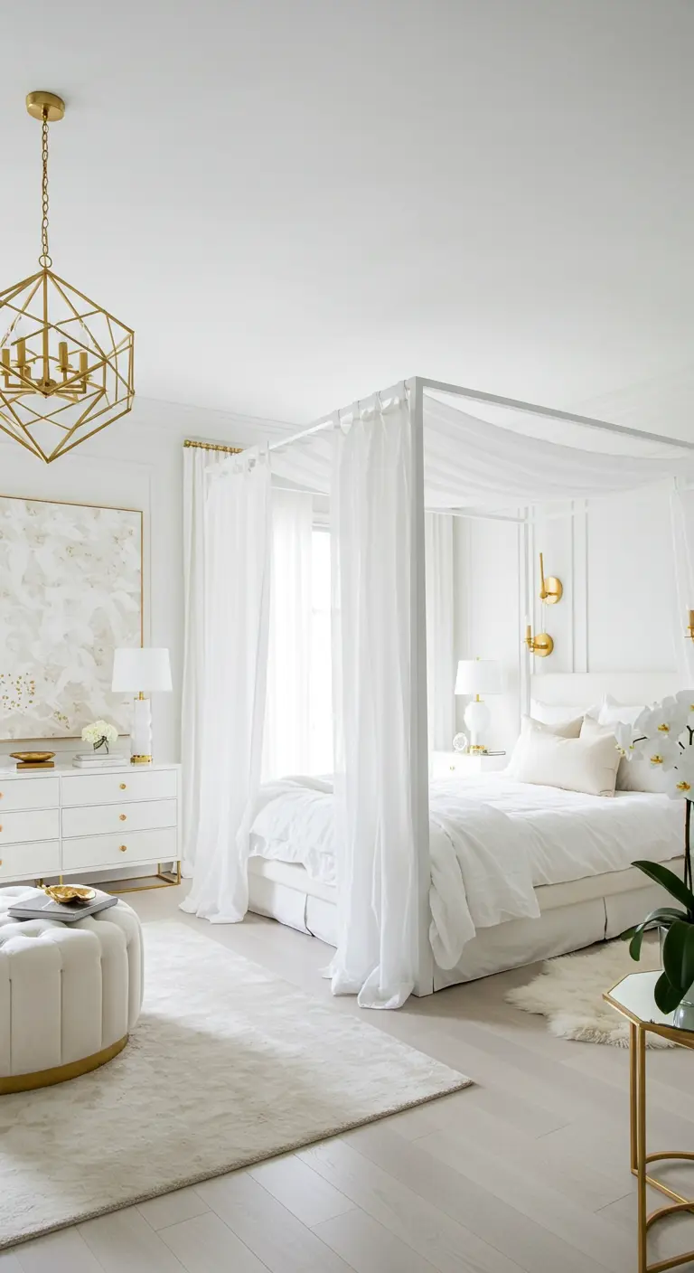 Witte slaapkamer met hemelbed, gouden accenten en luxe witte stoffen.