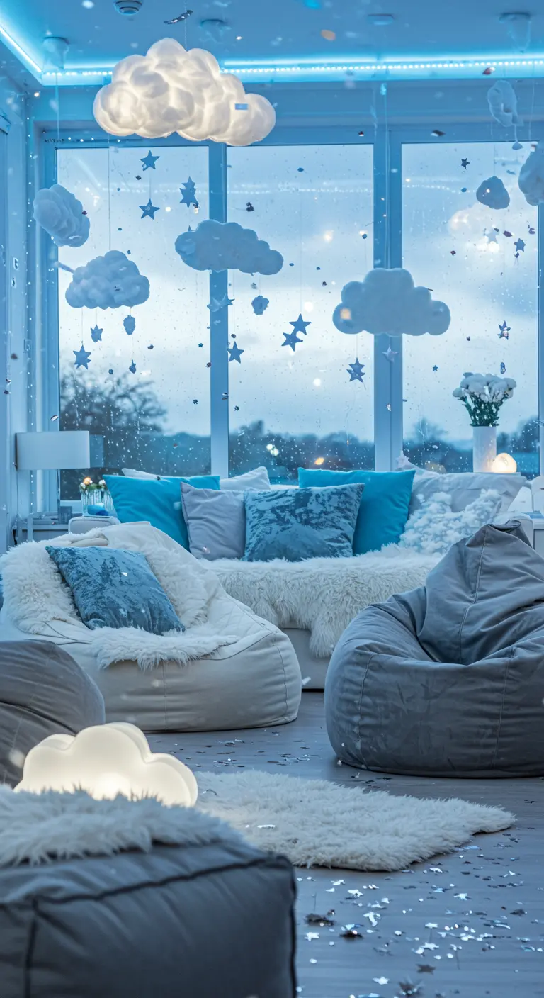 Woonkamer met grote ramen, versierd met hangende DIY-wolken en sterren, blauwe en witte kussens.