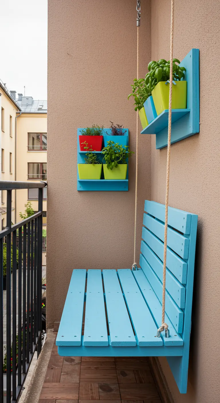 Lichtblauw houten hangbankje met touwen, met kleurrijke plantenbakjes aan de muur erboven.
