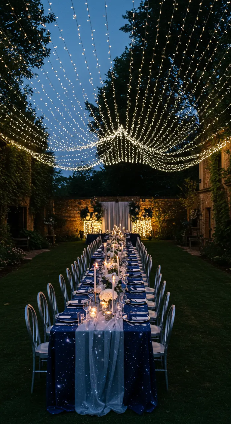 Lange dinertafel 's avonds onder een overweldigende hoeveelheid sprookjesachtige lichtjes.