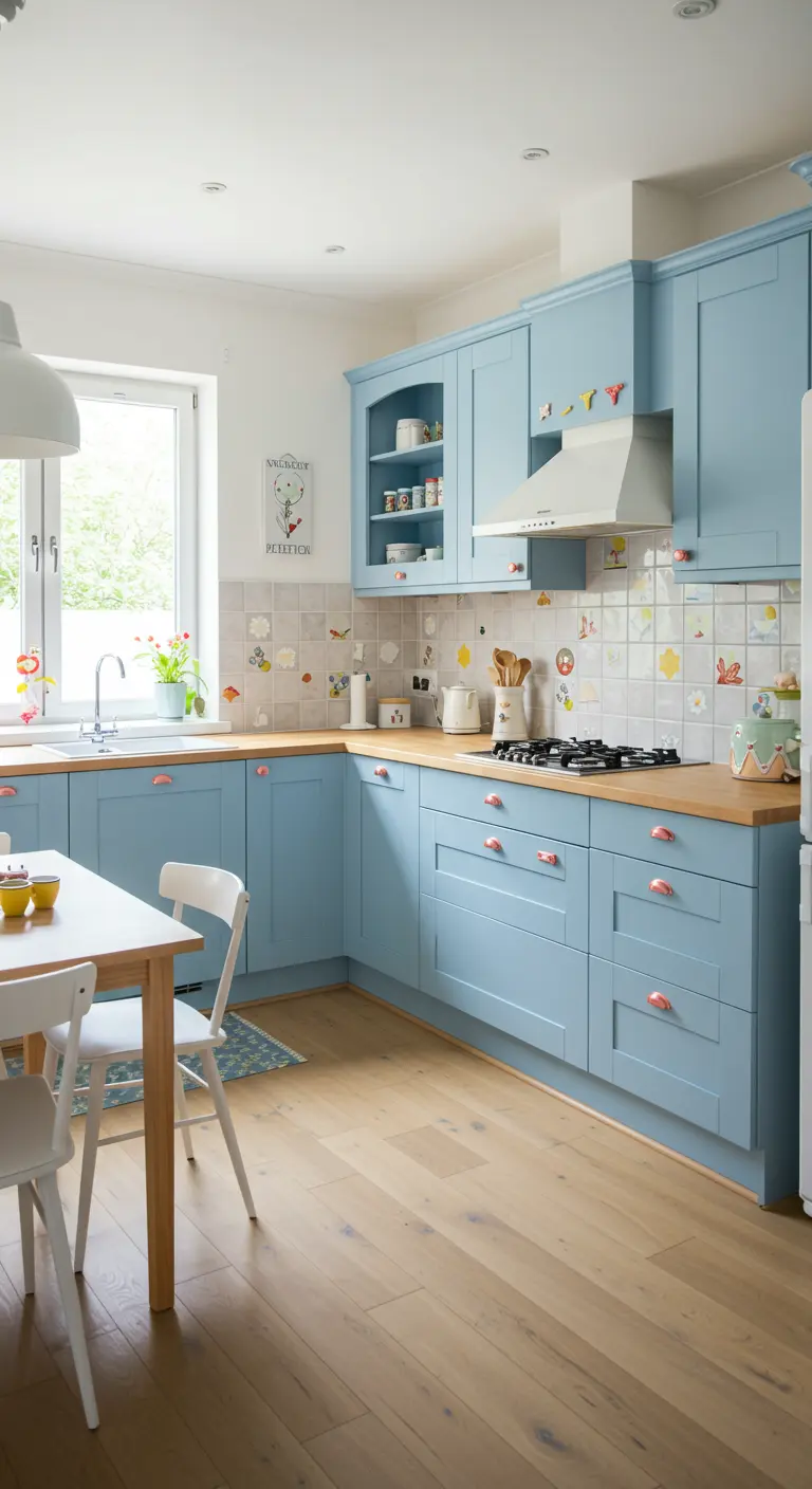 Lichtblauwe keuken met houten werkblad, speelse kindertegeltjes en roze handgrepen.