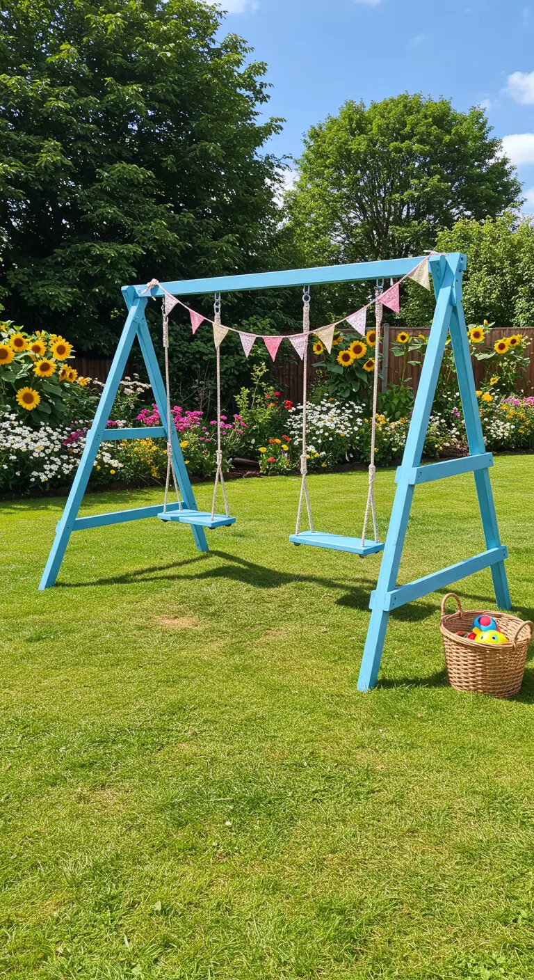 Blauw houten A-frame schommelset met twee zitjes en vlaggetjes in een zonnige tuin.
