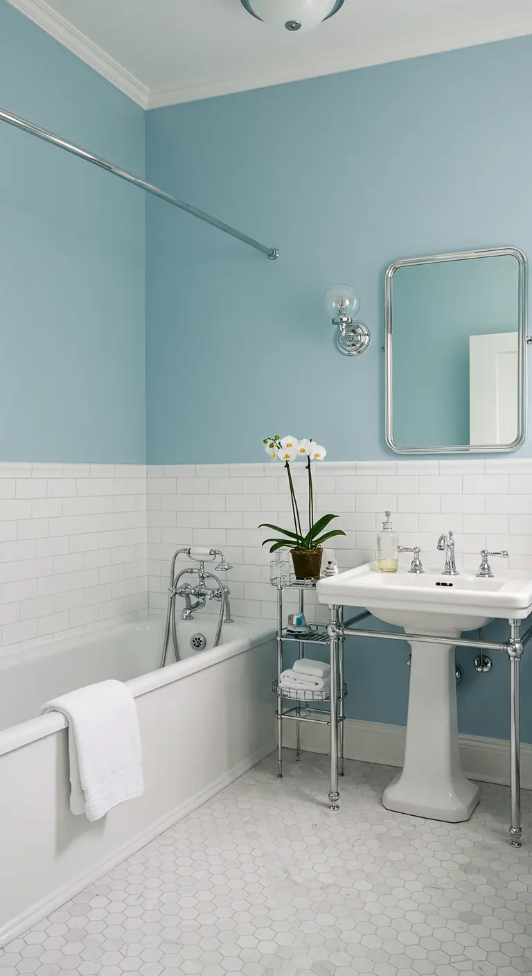 Klassieke badkamer met hemelsblauwe muren, witte metrotegels en chromen details.