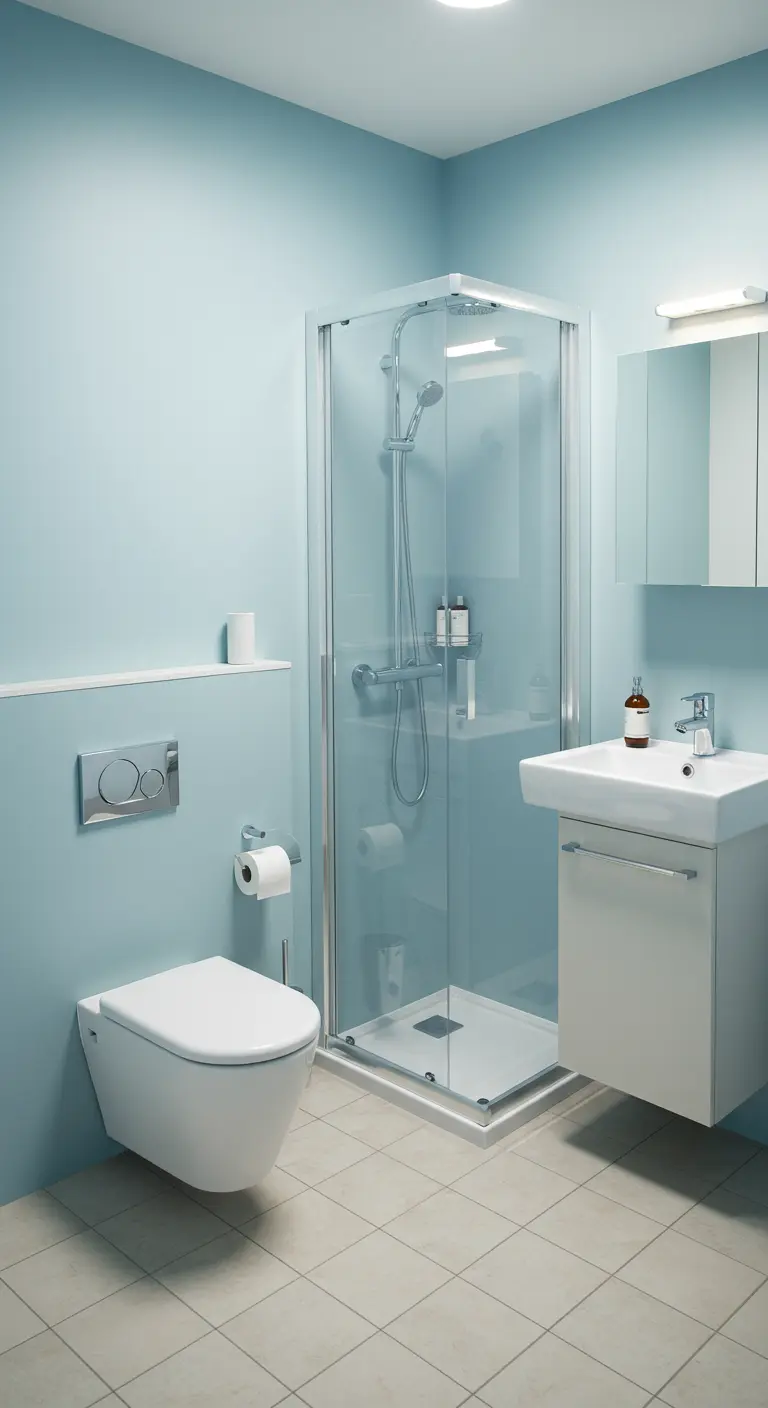 Minimalistische badkamer met lichtblauwe muren en compacte douchecabine.