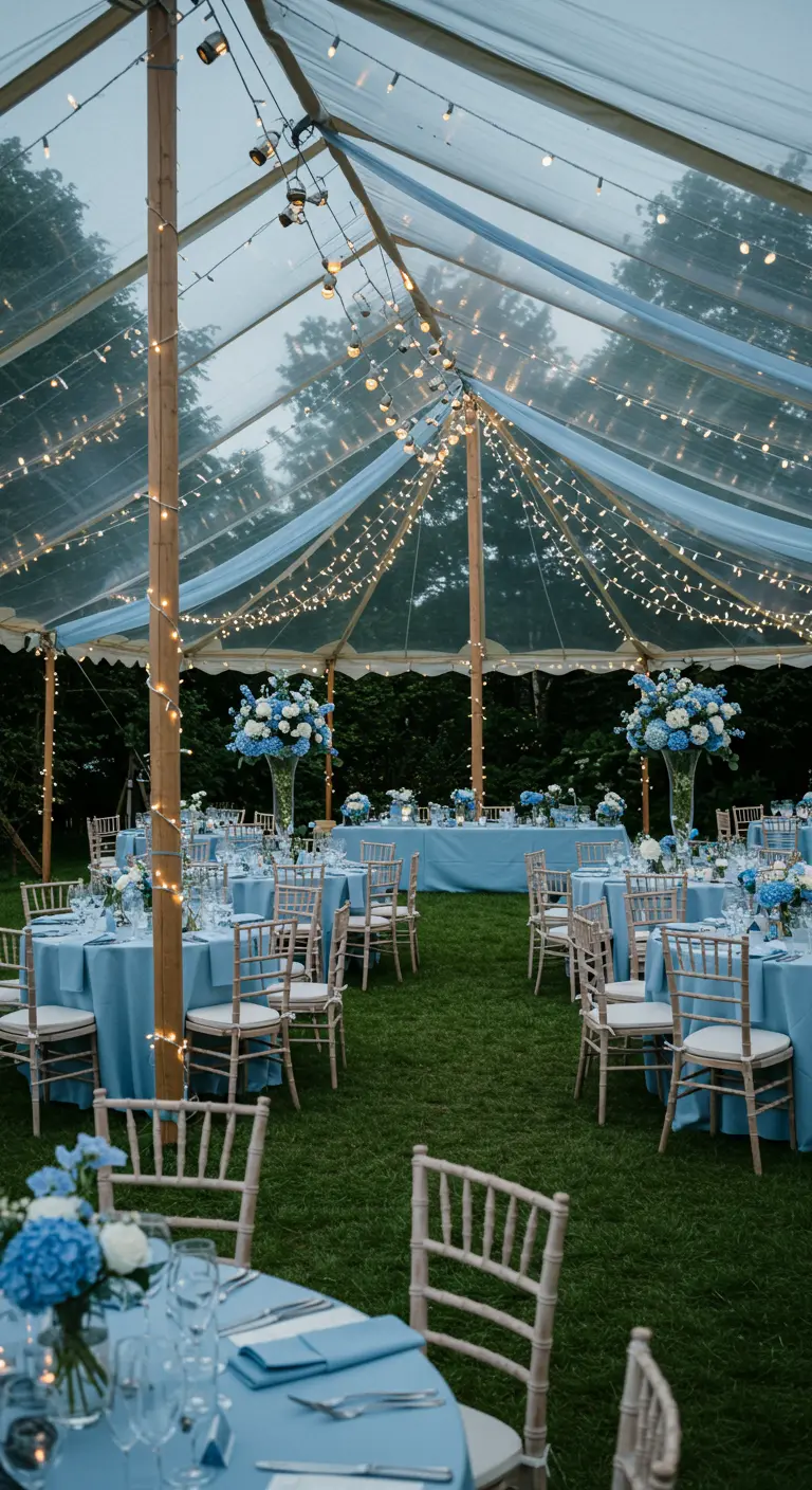Buitenfeest onder transparante tent met lichtblauwe tafeldecoratie en bloemen.