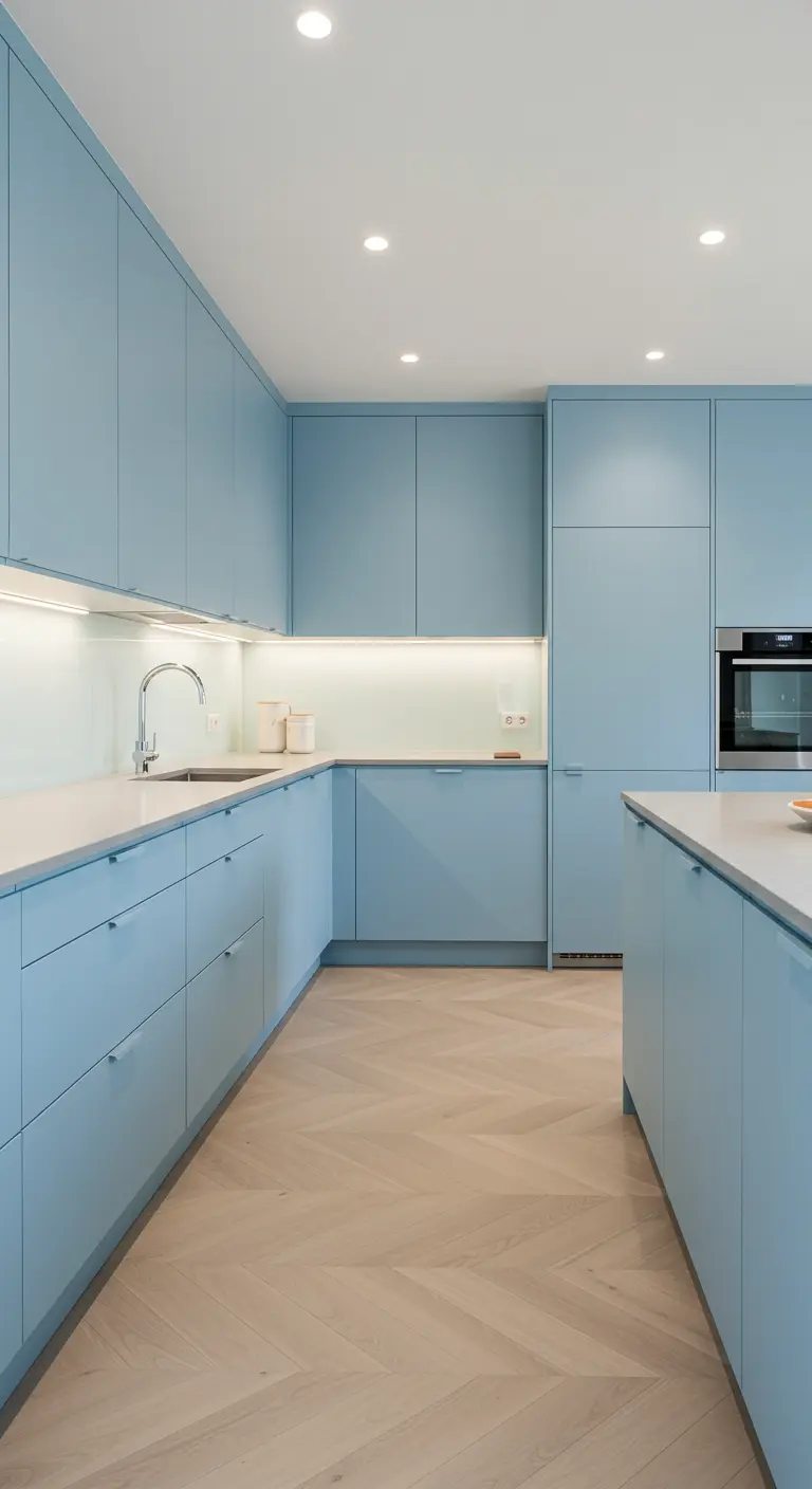 Moderne lichtblauwe keuken met greeploze kasten en visgraatvloer.