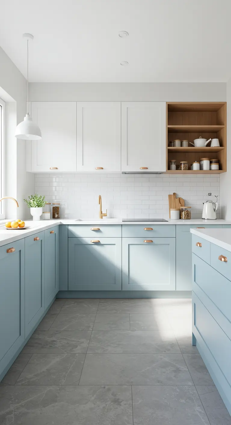 Lichte keuken met hemelsblauwe onderkasten, witte bovenkasten en gouden accenten.