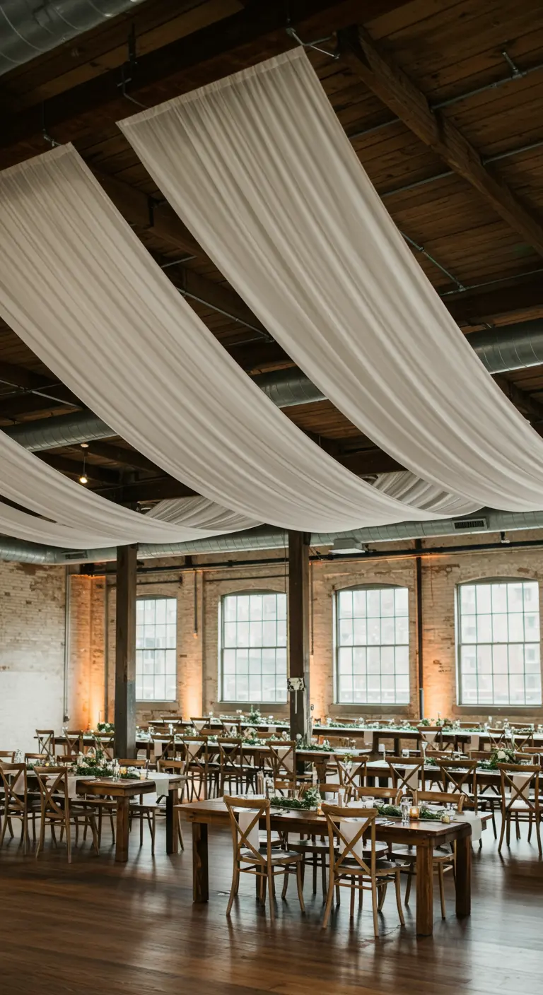 Industriële trouwlocatie met witte doeken gedrapeerd aan het hoge plafond boven tafels.