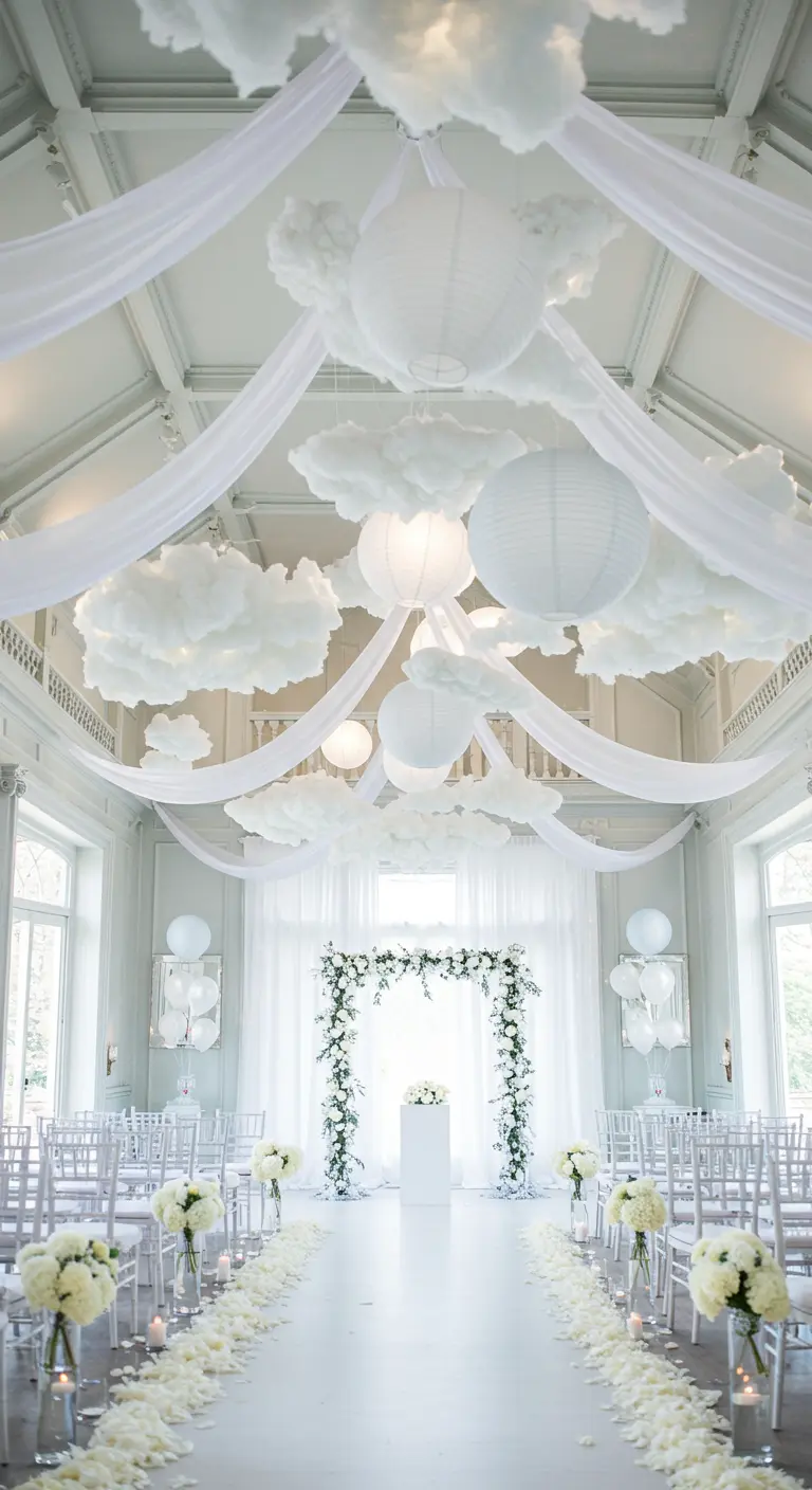 Witte ceremonie-opstelling met wolkendecoratie, lampionnen en witte bloemen.