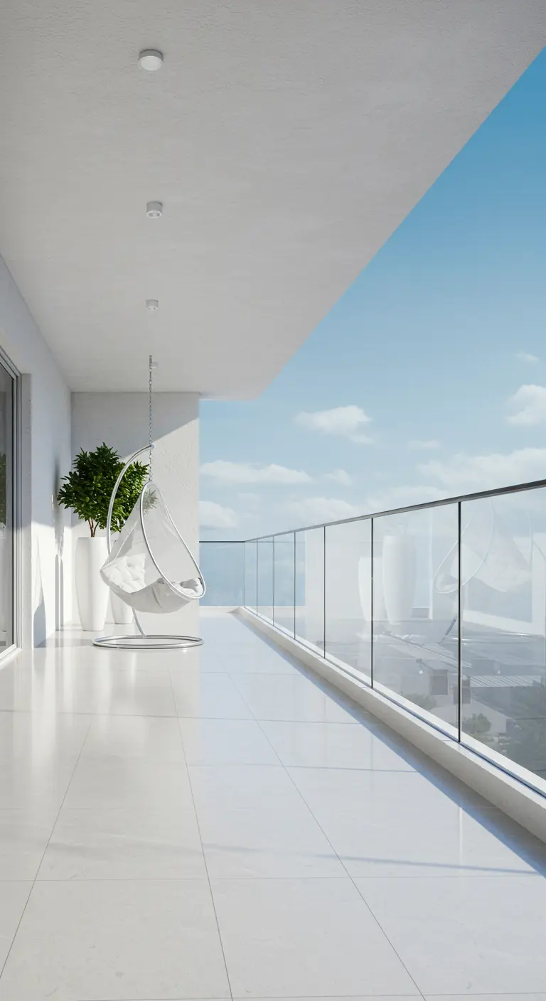 Wit, minimalistisch balkon met strakke witte hangstoel en glazen balustrade met uitzicht.