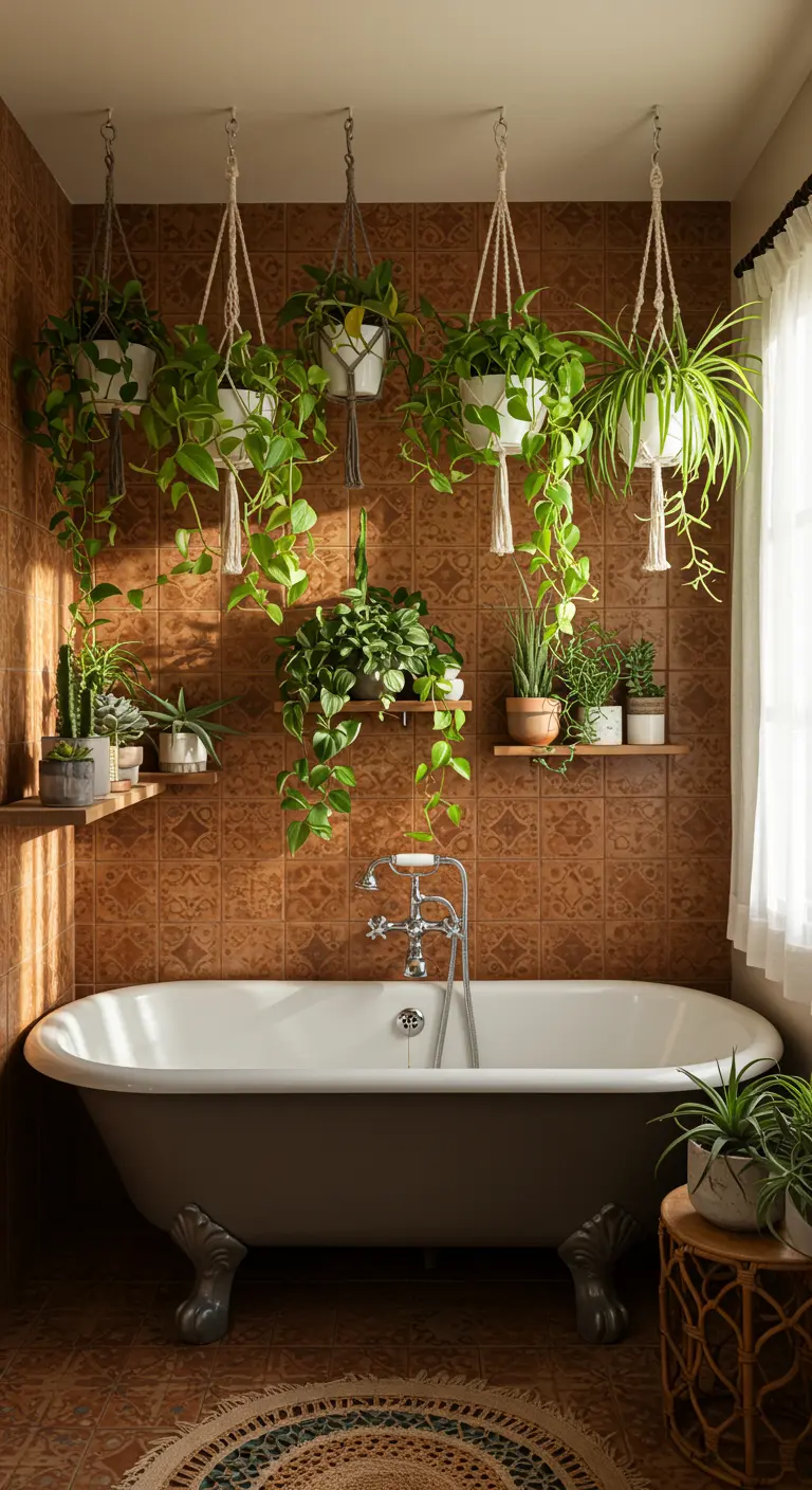 Badkamer met terracotta tegels en vrijstaand bad onder een plafond vol hangplanten in macramé.