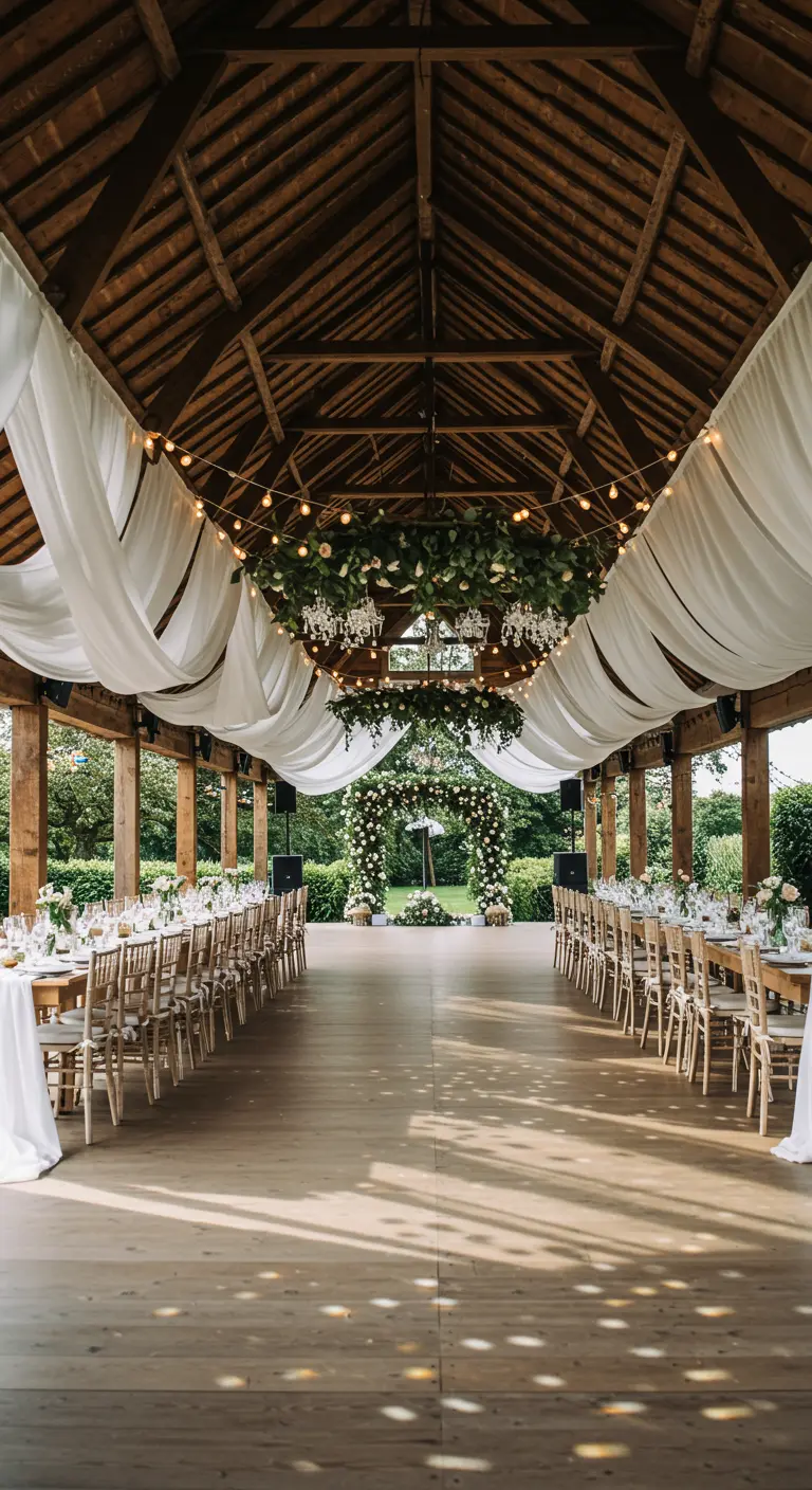 Feestzaal met hoog plafond, gedrapeerde witte doeken, lichtslingers en hangend groen boven lange tafels.