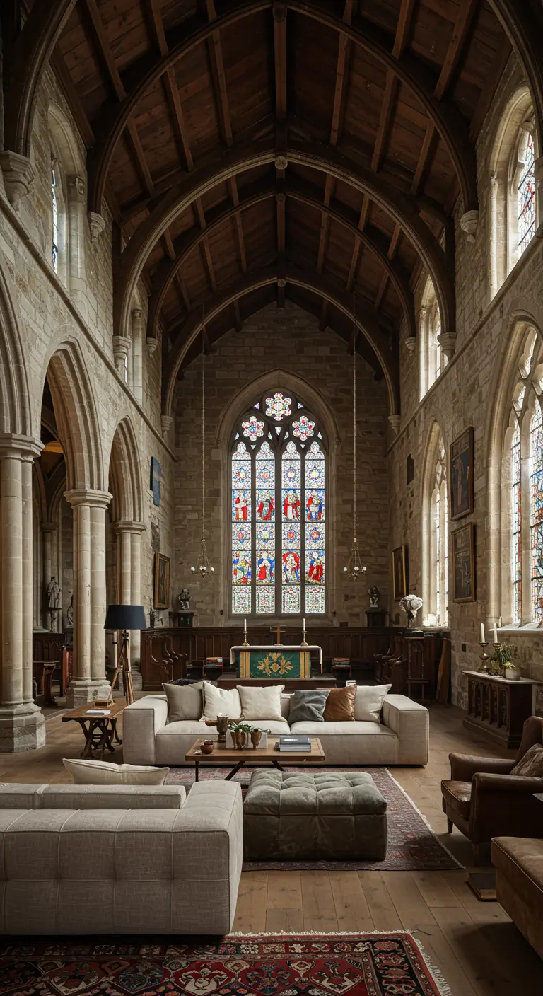Woonkamer in een verbouwde kerk met hoge plafonds en glas-in-loodraam.