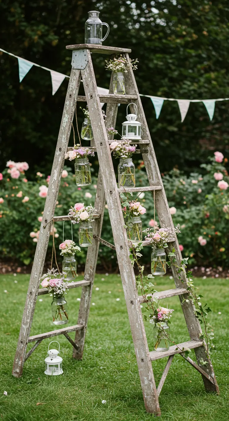 Oude houten ladder in een tuin, versierd met hangende potjes bloemen en lantaarns.
