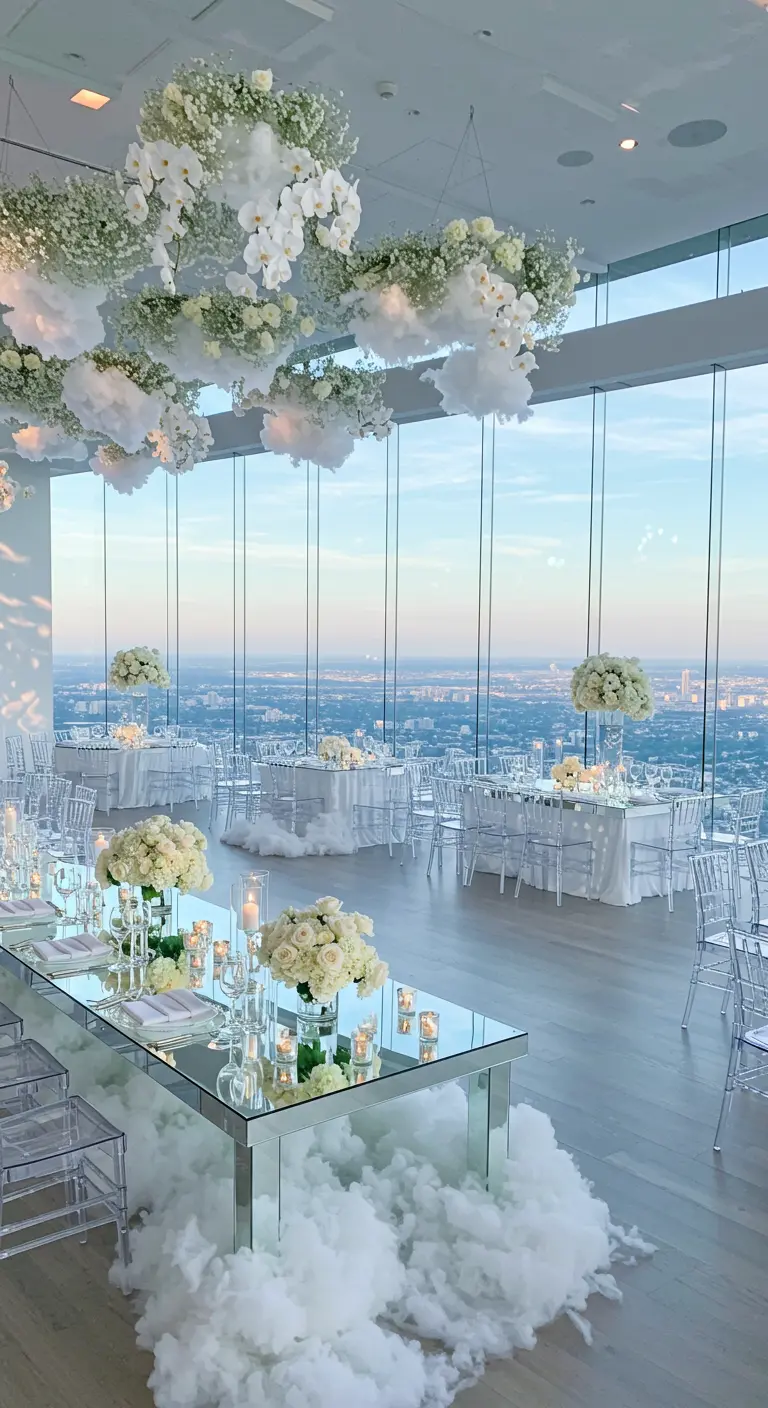 Bruiloft met 'wolken' thema: zwevende witte bloemdecoraties en spiegelende tafels.