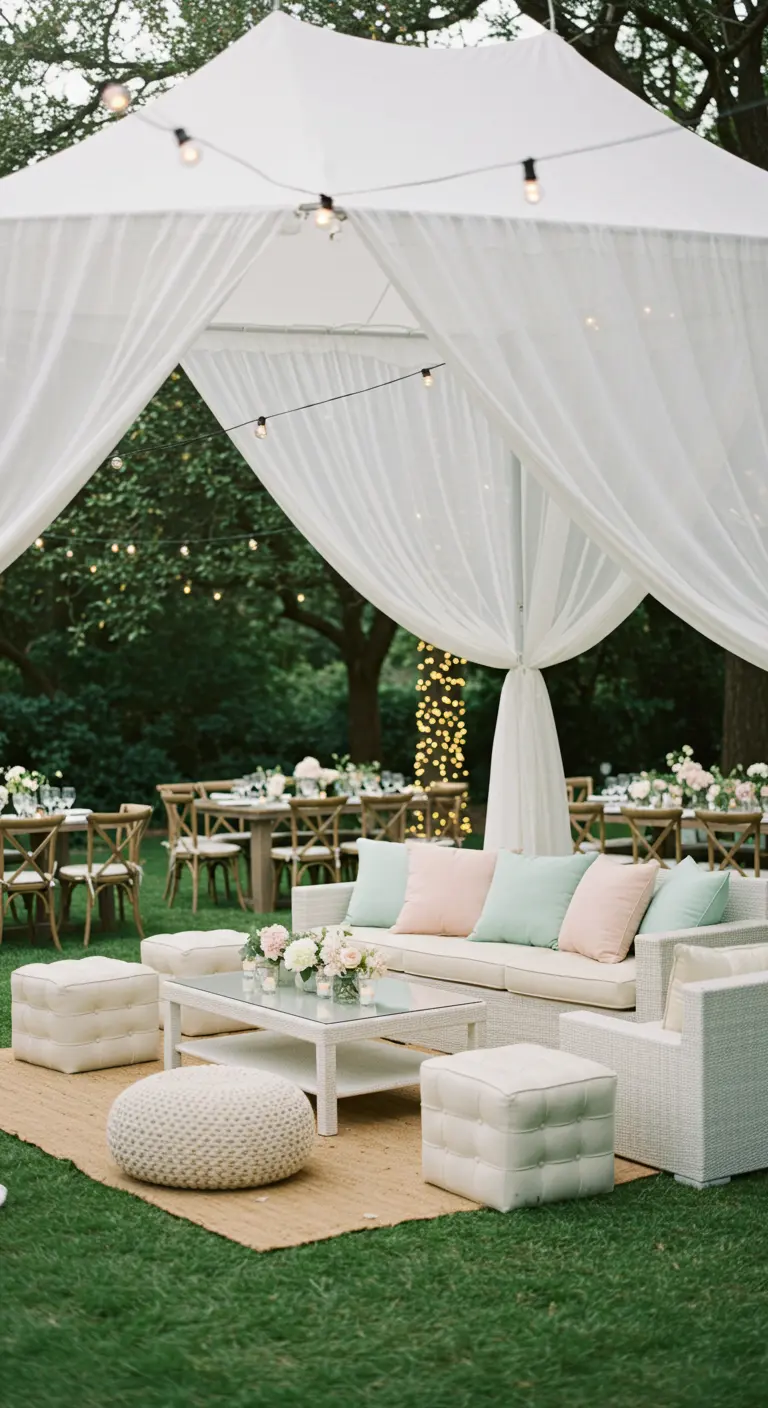 Witte buitenlounge onder tentdoek met pastelkleurige kussens en zachte verlichting.
