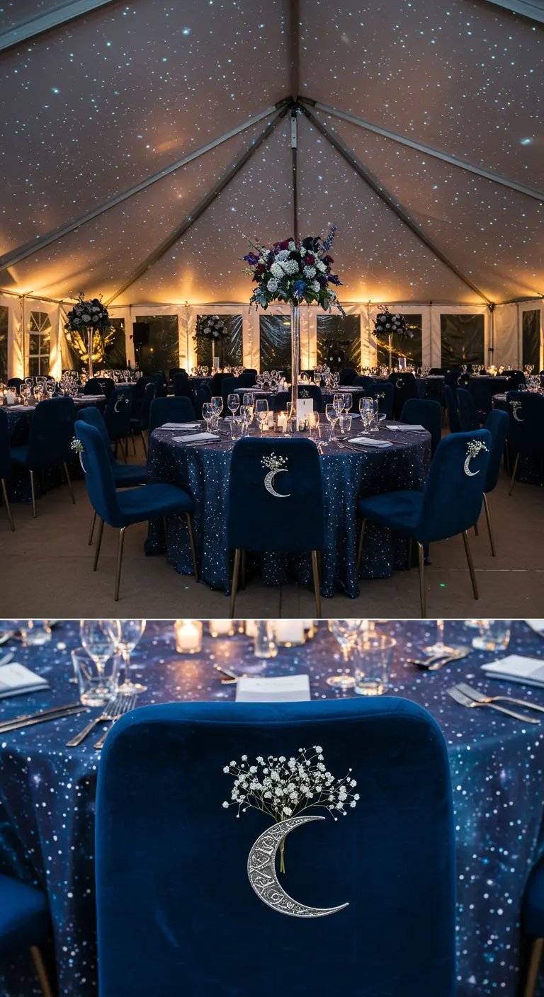 Donkerblauwe fluwelen stoel met een zilveren maan en gipskruid decoratie.