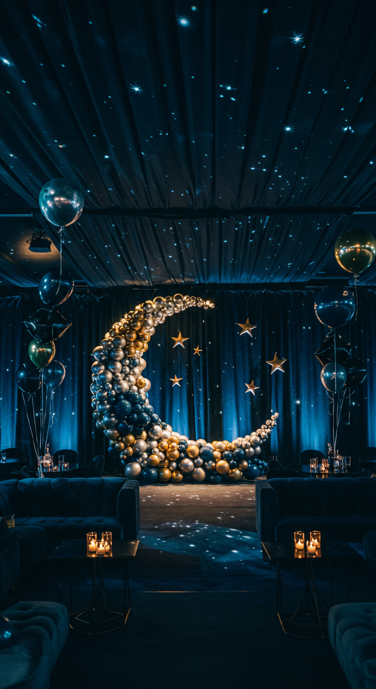 Maanvormige ballonnensculptuur in blauw, goud en zilver in een donkere ruimte.