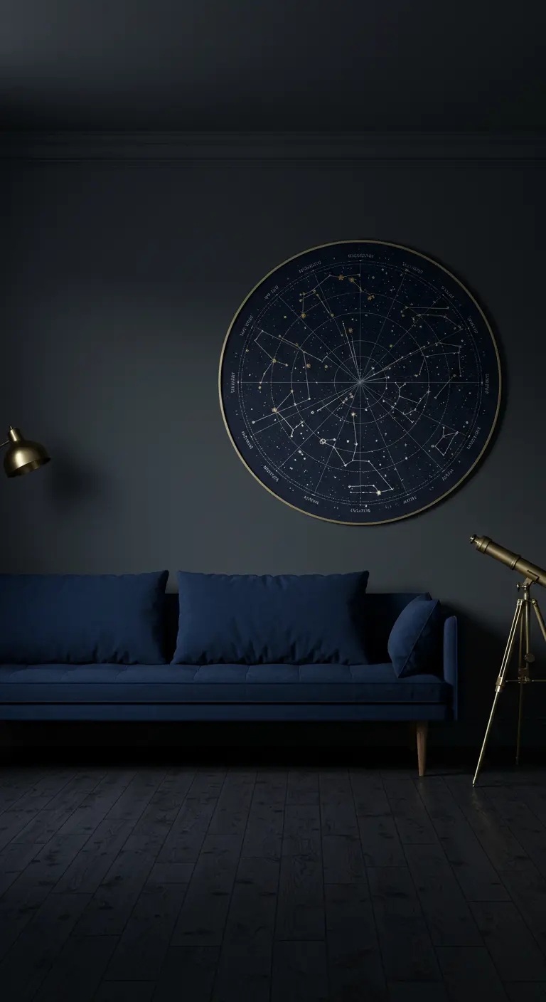 Donkerblauwe woonkamer met grote ronde astronomische kaartprint en gouden telescoop.