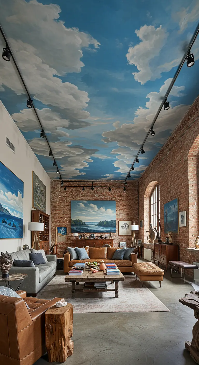 Ruime loft met een realistisch geschilderde wolkenlucht op het hoge plafond.