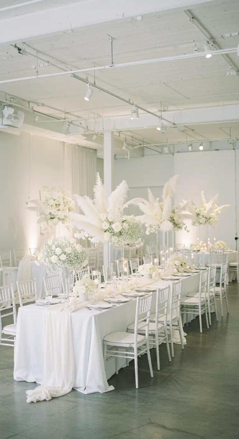 Geheel witte bruiloftsreceptie met witte bloemen, tafels en stoelen.