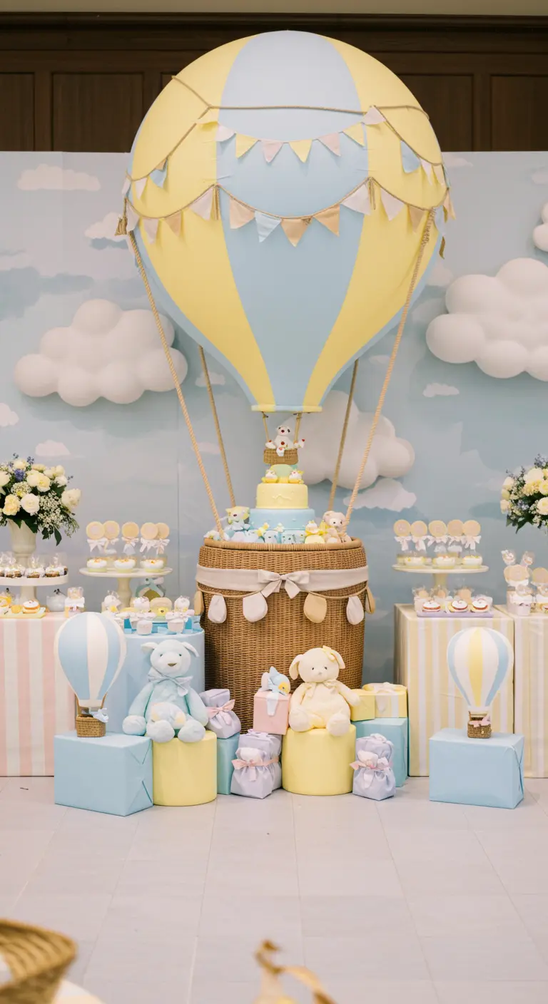 Babyshower sweet table met grote pastel heteluchtballon en knuffelbeertjes.