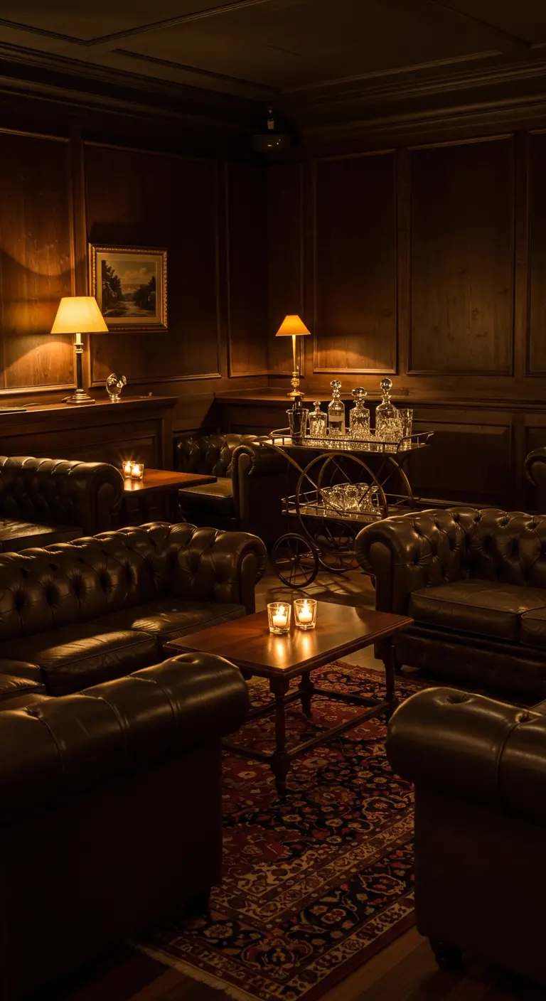 Klassieke herenclub lounge met bruine leren banken, houten lambrisering, lampen en een barcart.