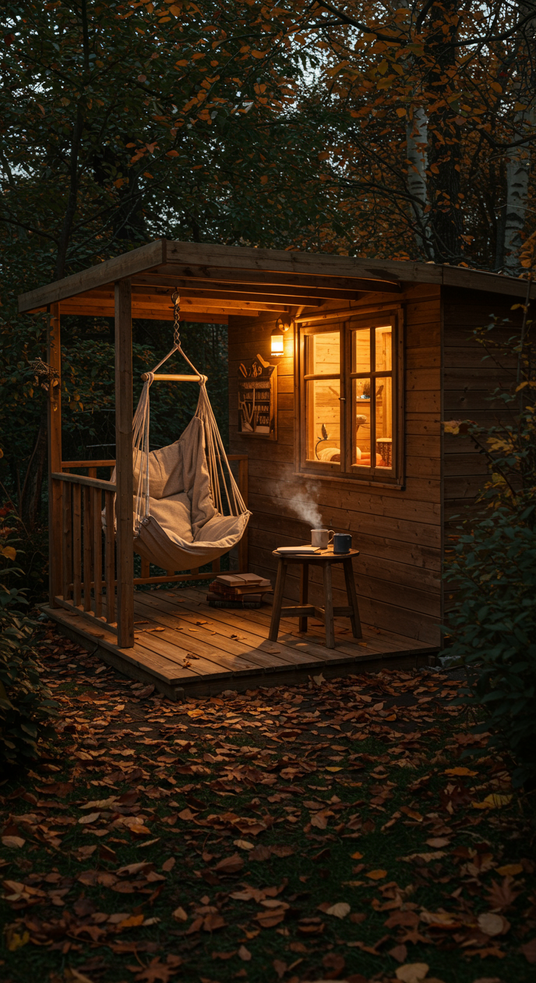 Houten tuinhuisje met veranda en hangstoel in herfstsfeer, warme verlichting.
