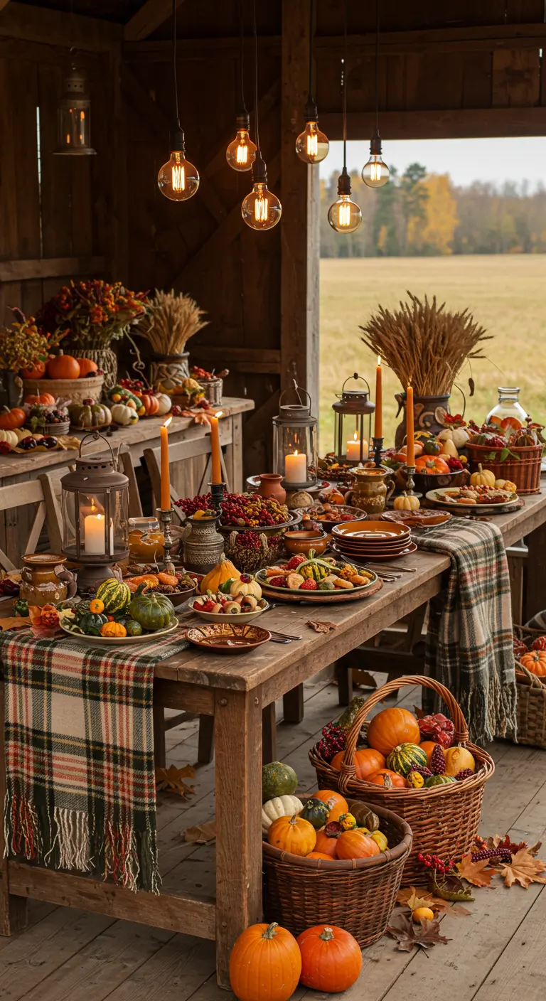 Herfsttafel op veranda met pompoenen, herfstdecoratie, geruit kleed en vintage borden.