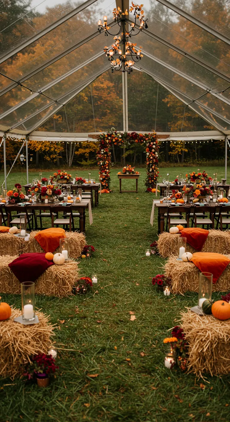 Trouwfeest in een transparante tent in de herfst met hooibalen, bloemen en pompoenen.